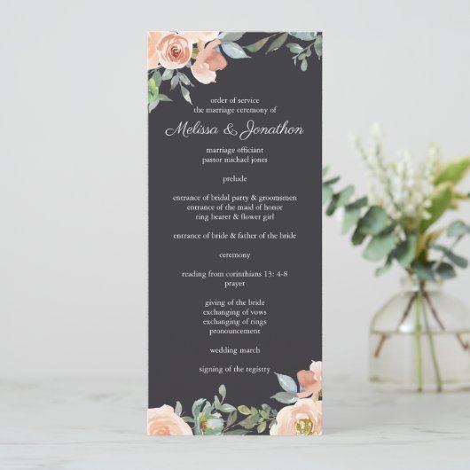 Programme Peach Green Navy Pastel Floral Wedding Program (Debout devant)