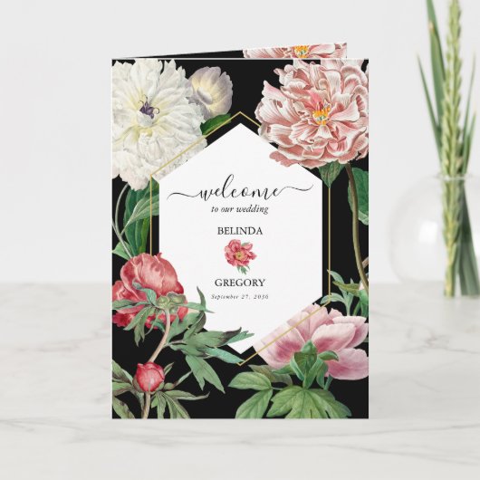 Programme Peonies roses Mariage Ordre de service Noir (Devant)