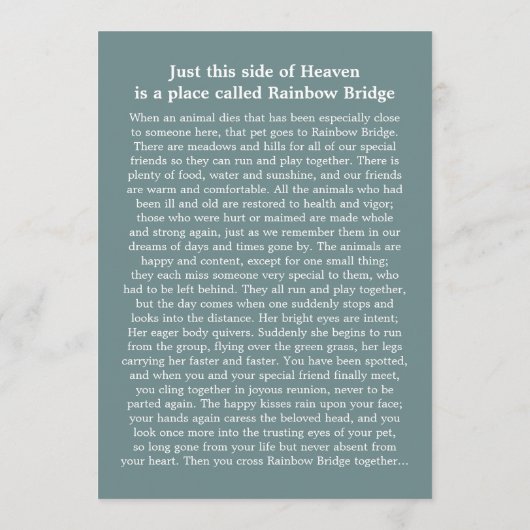 Programme Pet Memorial Card 5"x7" Turquoise Rainbow Bridge F (Dos)