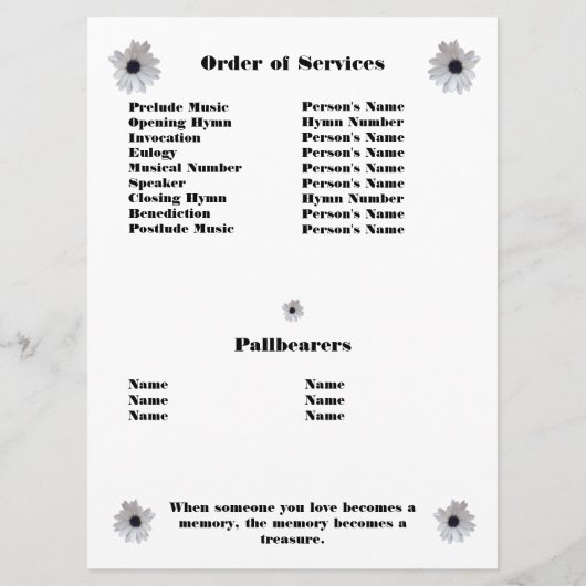 Programme Photo du Service commémoratif des Daisies d'Afriqu (Dos)