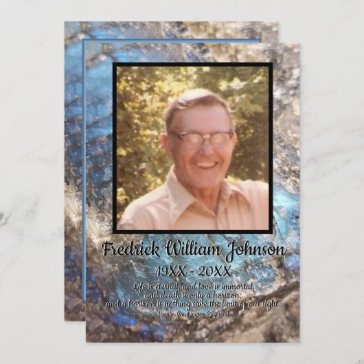 Programme Pierre de labradorite bleu avec citation et photo  (Devant / Derrière)