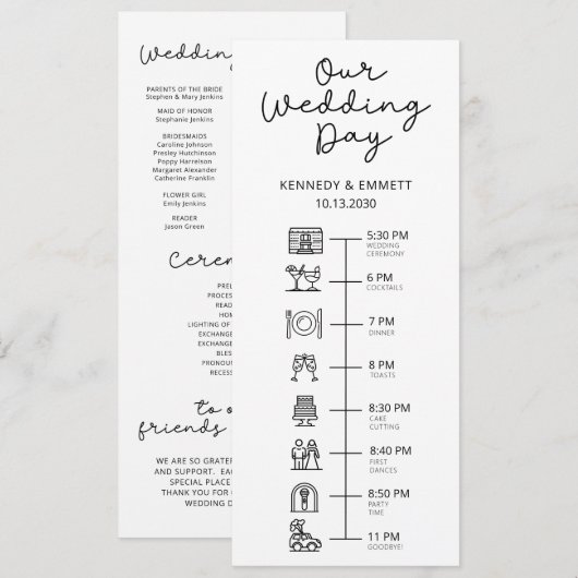 Programme plat du calendrier du jour du mariage (Devant / Derrière)