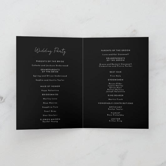 Programme plié de Mariage de script moderne noir (Intérieur)