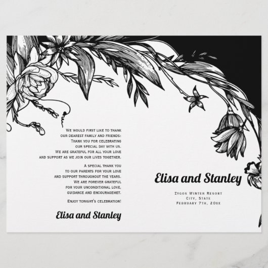 Programme plié de typographie de fleurs en noir et (Devant)