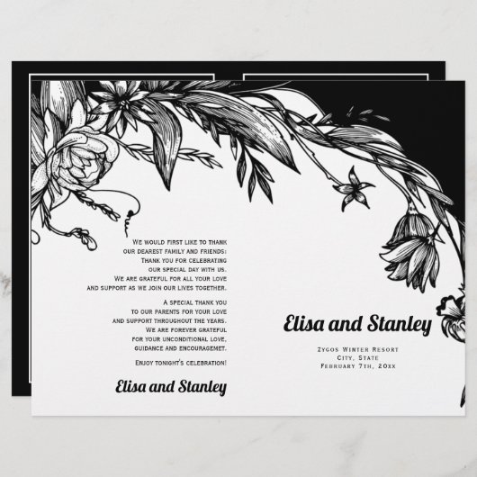 Programme plié de typographie de fleurs en noir et (Devant / Derrière)