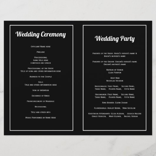 Programme plié de typographie de fleurs en noir et (Dos)