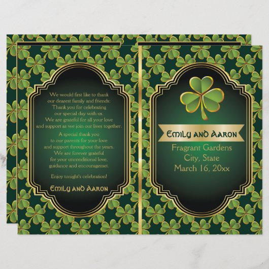 Programme plié mariage de trèfle vert d'Irlande or (Devant / Derrière)