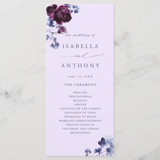 Programme Plum violet & Indigo Bleu Élégant Mariage floral (Devant)