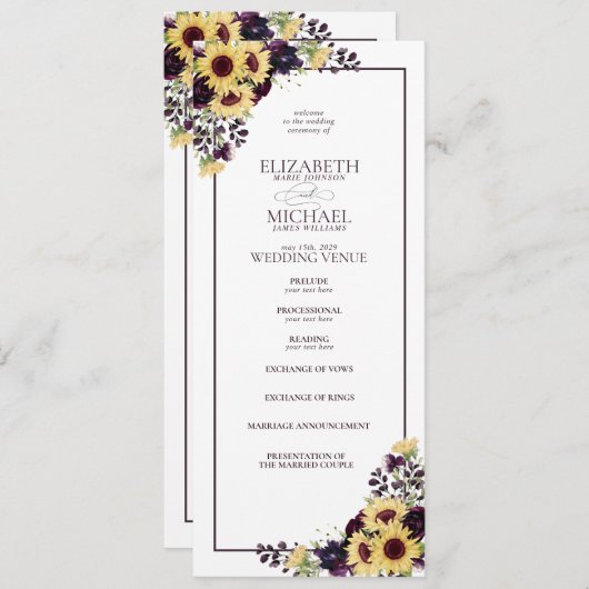 Programme Plum violet Mariage d'aquarelle de tournesol (Devant / Derrière)