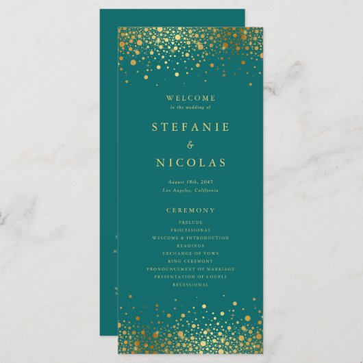 Programme Points Confetti Faux Gold Foil Mariage Turquoise (Devant / Derrière)