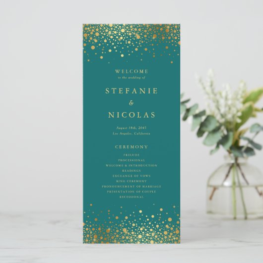 Programme Points Confetti Faux Gold Foil Mariage Turquoise (Debout devant)
