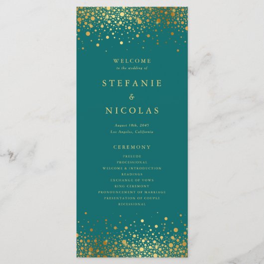 Programme Points Confetti Faux Gold Foil Mariage Turquoise (Devant)