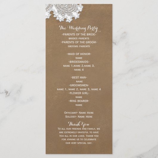 Programme Porte-programme de mariage rustique en dentelle bl (Dos)