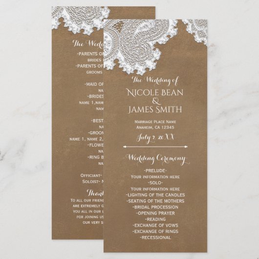 Programme Porte-programme de mariage rustique en dentelle bl (Devant / Derrière)