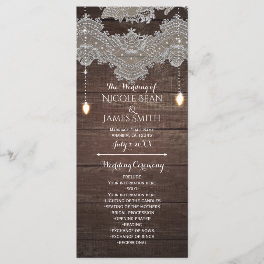 Programme Porte-programme en bois rustique et dentelle vinta (Devant)