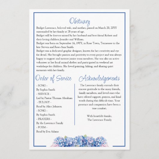 Programme Pretty Blue Hydrangea Celebrating Life - Funeral (Dos)