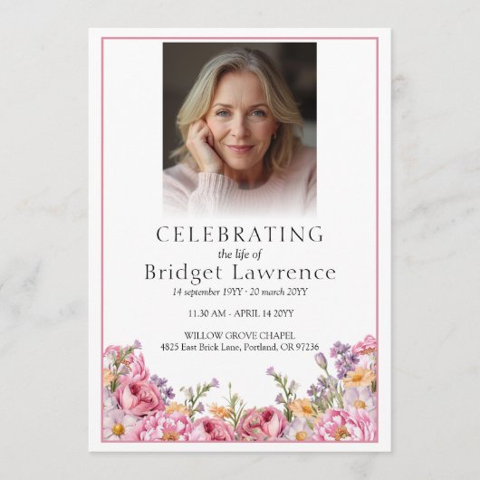 Programme Pretty Summer Pink Peony Memorial Service Funeral (Devant)