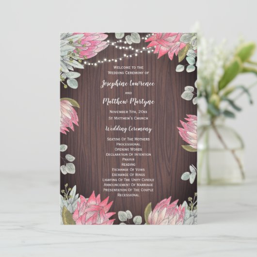 Programme Protea Eucalyptus illumine bois Mariage rustique (Debout devant)