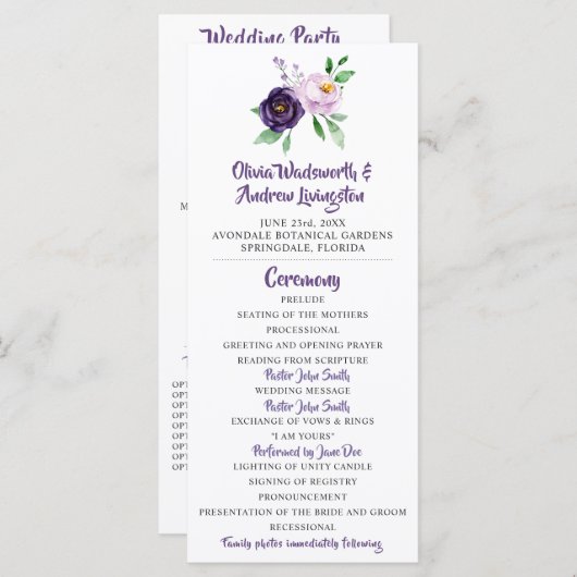 Programme Purple & Lavender Floral Wedding Program (Devant / Derrière)