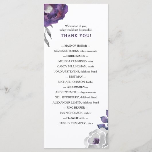 Programme Purple Silver Grey Floral Wedding Program, 3953 (Dos)