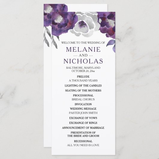 Programme Purple Silver Grey Floral Wedding Program, 3953 (Devant / Derrière)