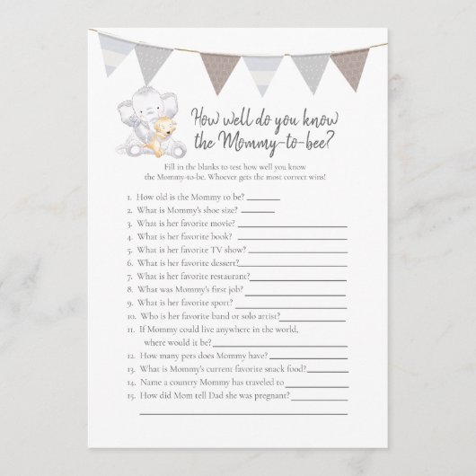 Programme Qui Connaît Maman-To-Be Game Baby Elephant Card (Devant)