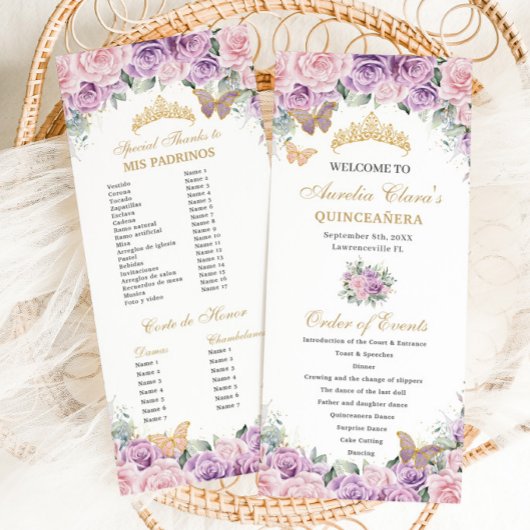 Programme Quinceañera florale rose violet Ordre des événemen