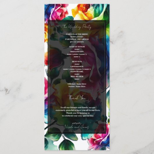 Programme Rainbow Rose Black & White Floral Wedding Programm (Dos)