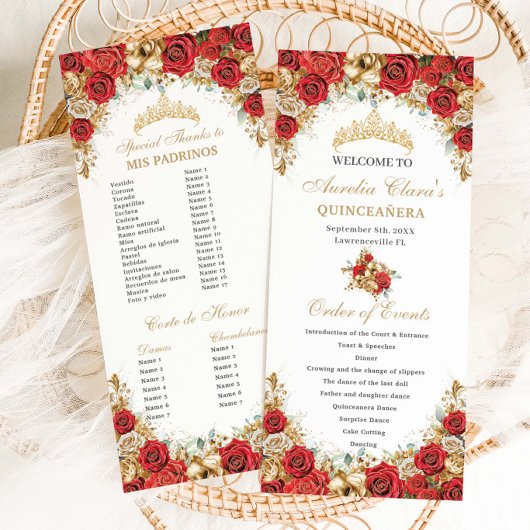 Programme Red and Gold Floral Quinceanera Order of Events