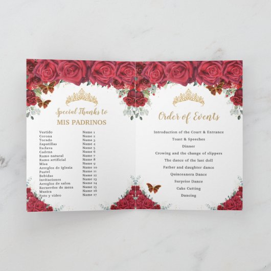 Programme Red Floral Princess Quinceañera Ordre des événemen (Intérieur)