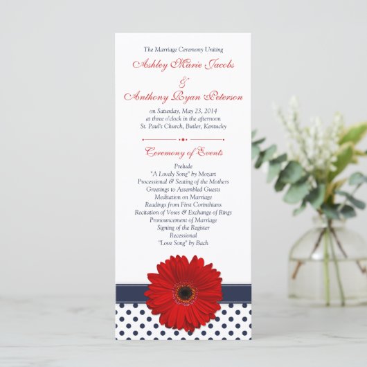 Programme Red Gerbera Daisy Marine Polka Dot Wedding Program (Debout devant)