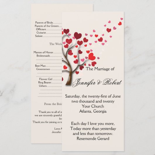 Programme Red Heart Tree on Ivory Wedding Program (Devant / Derrière)