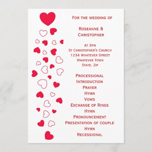 Programme Red Hearts Design Valentines Day Mariage (Dos)