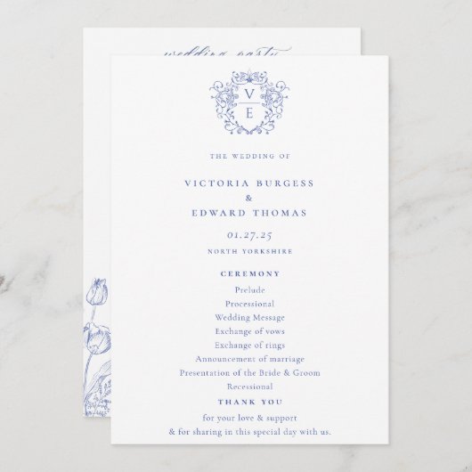 Programme Regency Blue Monogram Crest Mariage (Devant / Derrière)