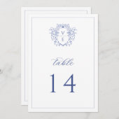 Programme Regency Blue Monogram Crest Mariage Numéro de tabl (Devant / Derrière)