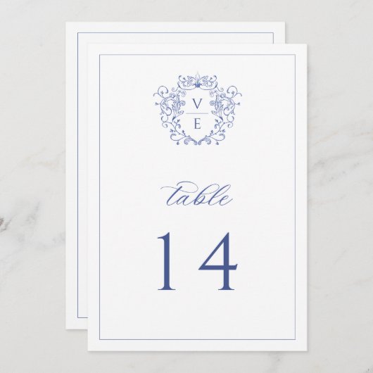 Programme Regency Blue Monogram Crest Mariage Numéro de tabl (Devant / Derrière)