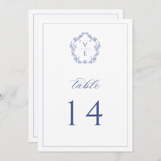 Programme Regency Blue Monogram Crest Mariage Numéro de tabl (Devant / Derrière)