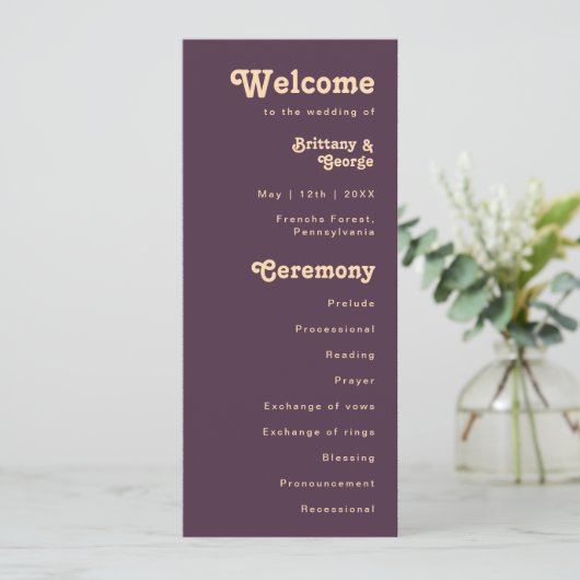 Programme Rétro moderne | Dark Purple Cream Wedding Programm (Debout devant)
