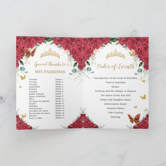 Programme Robe Florale Rouge or Quinceañera Ordre des événem (Intérieur)