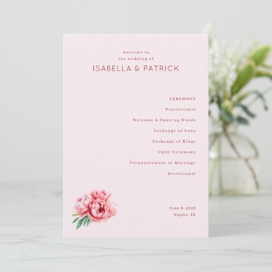 Programme Romantic Pink Floral Wedding Ceremony Program (Debout devant)