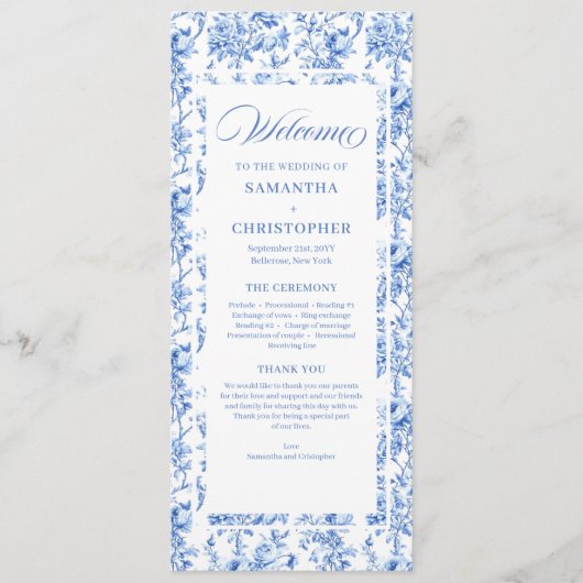 Programme Romantic Royal Blue Toile de Jouy Wedding Program (Devant)