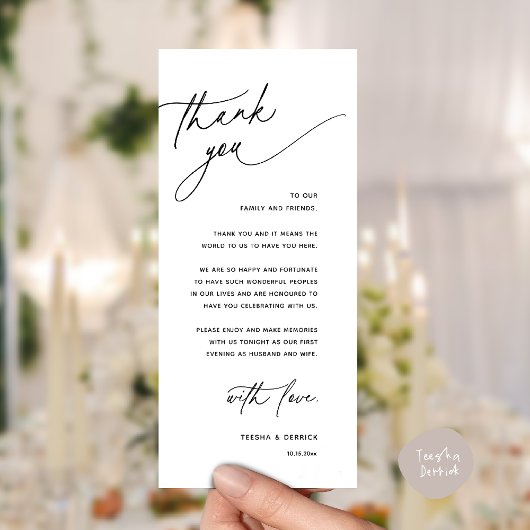 Programme Romantic Wedding Reception Dinner Thank You Card