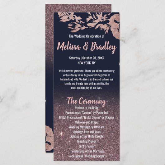 Programme Rose bleu marine Parties scintillant d'or Programm (Devant / Derrière)