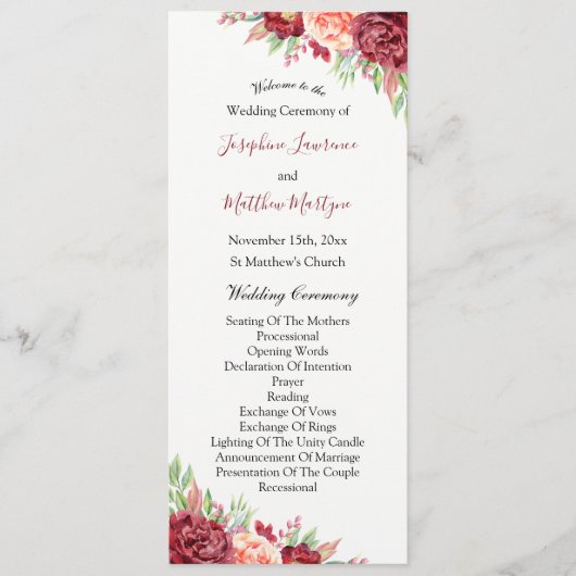 Programme Rose de Pêche de Bourgogne Aquarelle Mariage Flora (Devant)