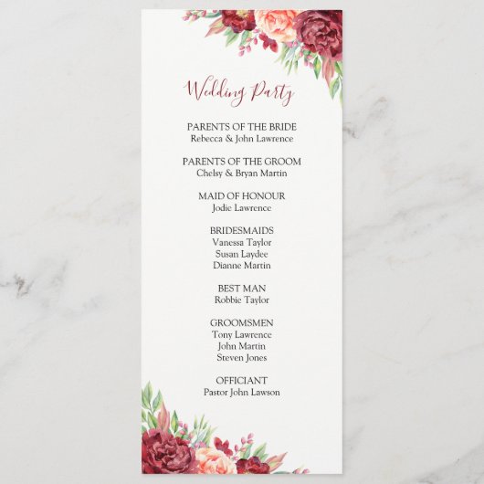 Programme Rose de Pêche de Bourgogne Aquarelle Mariage Flora (Dos)