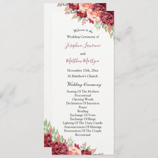 Programme Rose de Pêche de Bourgogne Aquarelle Mariage Flora (Devant / Derrière)