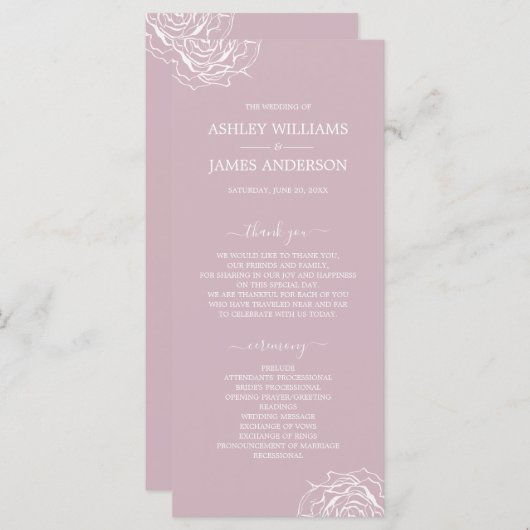 Programme Rose floral chic violet simple Mariage minimal (Devant / Derrière)