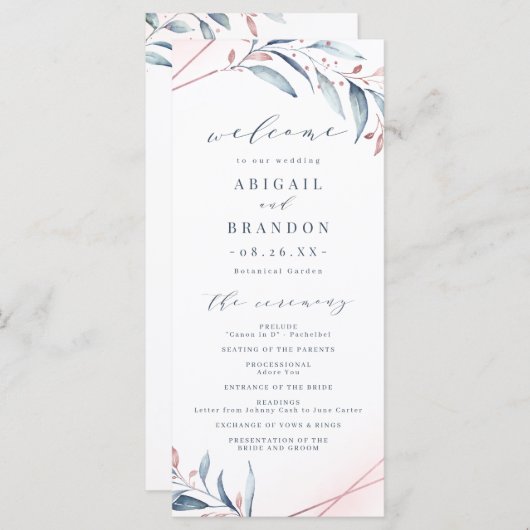 Programme Rose Gold Dusty Blue Greenery Mariage géométrique (Devant / Derrière)