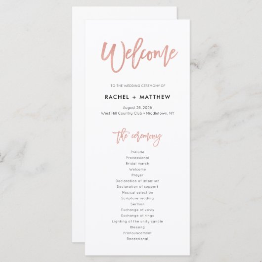 Programme Rose Gold Sweet Fairytale Mariage Ceremony Program (Devant / Derrière)