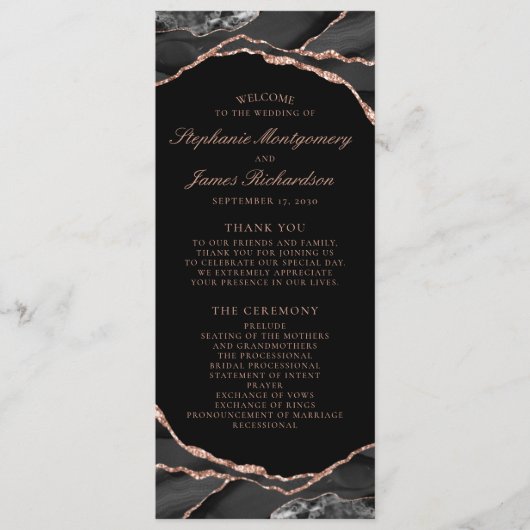 Programme Rose noire élégante Mariage Agate feuille d'or (Devant)